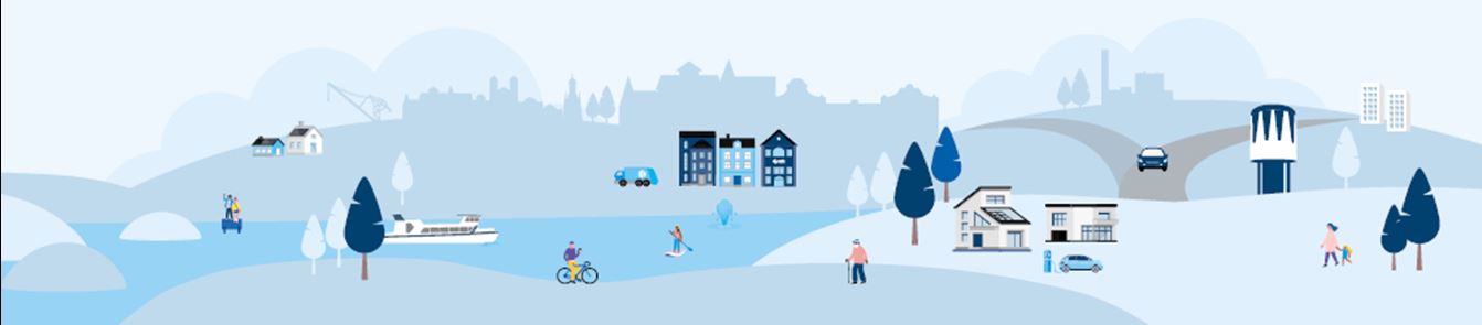 Illustrerad bild av ett samhälle med bostäder, vattenmiljö, vägar och människor i vardagliga situationer som promenad, cykling och båttrafik.