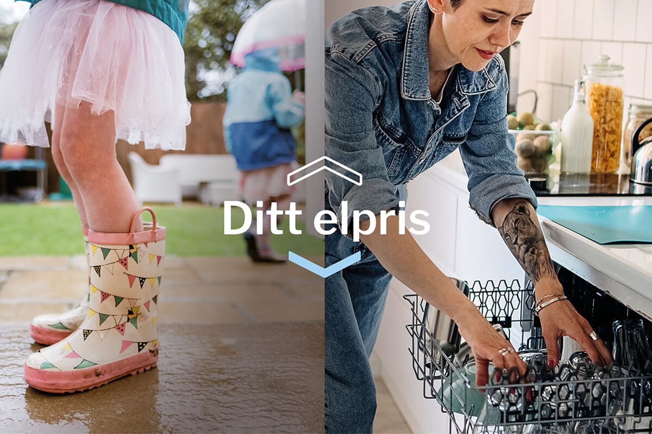 Barn i gummistövlar utomhus och person som fyller en diskmaskin. Bild som illustrerar att elpriset kan gå upp och ner.
